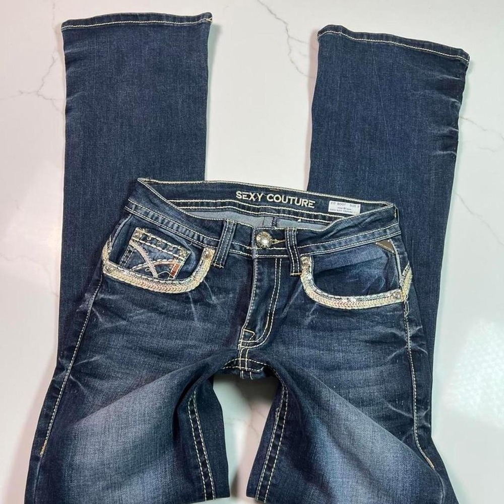 Sexy Couture Bootcut Jeans Size 5 Dark Wash Rhinestone Embellished Y2K Western